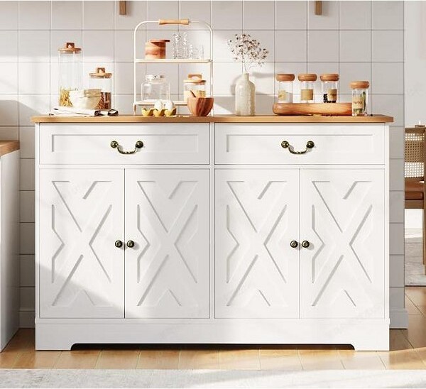 Jojoka 57InchFarmhouseBuffetCabinetwith4Doors&2DrawersAdjustableShelfStorageSideboardforLivingRoomDiningRoomWhite