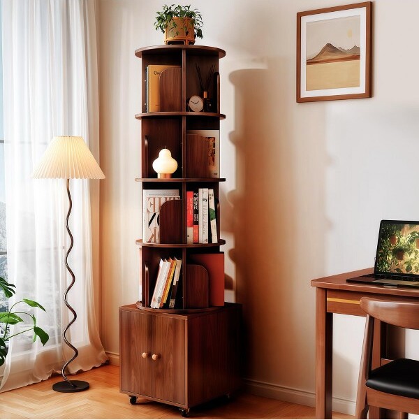 ORRD5-Tier360°RotatingBookshelfwithDrawerFloorStandingCornerStorageRackforSmallSpacesWalnut