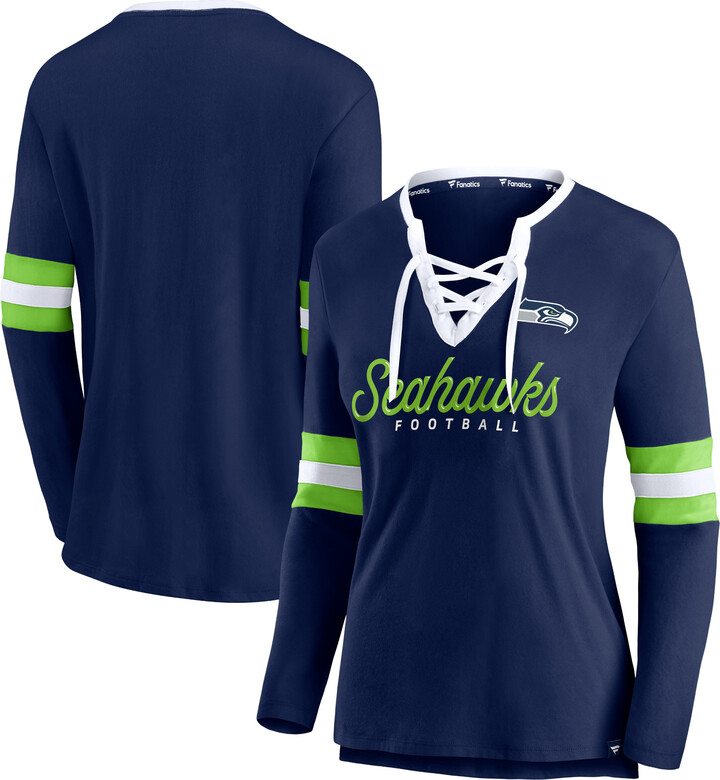 Women's Fanatics College Navy Seattle Seahawks Block Party Team Script Lace-Up Long Sleeve T-Shirt