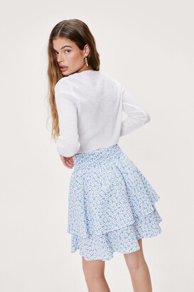 Nasty Gal Womens Floral Shirred Waist Ruffle Mini Skirt - Blue - M