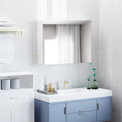 Bathroom Mirror With Shelves - 31.5"x23.5", Modern Appeal, Large Storage Capacity, Quiet Door Hinges, White Cabinet Contemporary Design, Generous Stor