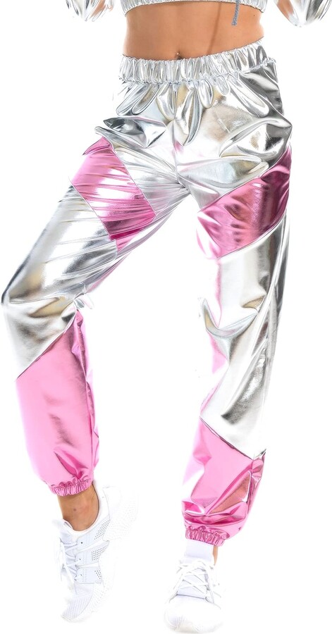IBAKOM Women's 80s 90s Shiny Metallic PU Leather Leggings Wetlook Elastic  High Waist Jogger Pants Wokrout Dance Hip Hop Trousers Sweatpants Pink XL -  ShopStyle