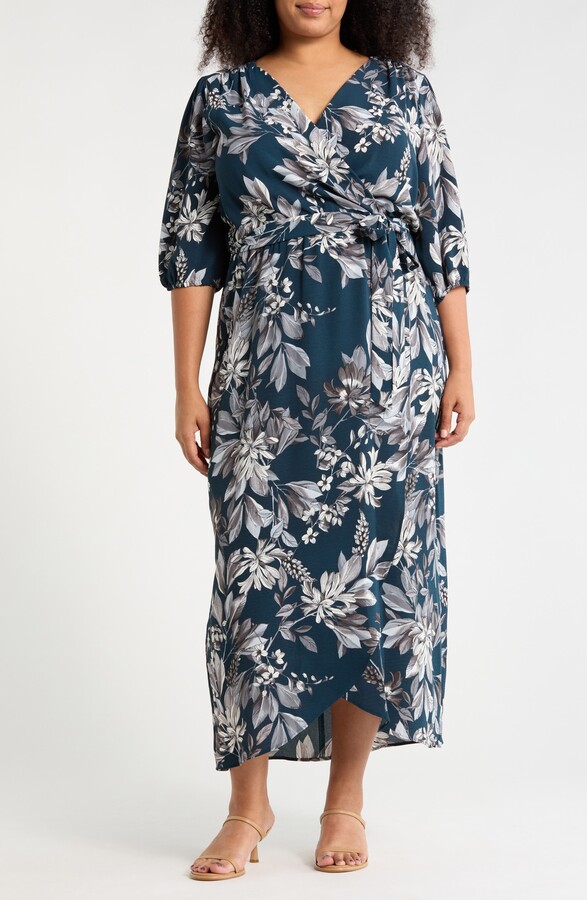 Connected Apparel Floral Puff Sleeve Wrap Midi Dress