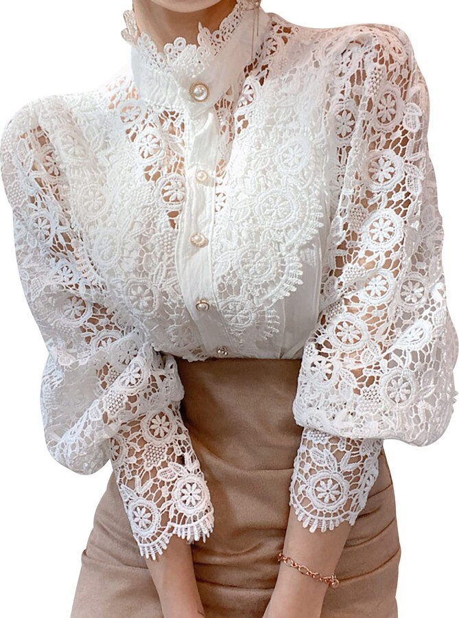 Febbabe Women Blouses 3/4 Lace Hollow Out Ruffle Sleeve Ladies Flower  Patchwork Button Down Tunic Tops Vintage Stand Collar Loose Puff Blouse  White XL - ShopStyle