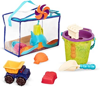 B. toys – B. Ready Beach Bag – Beach Tote with Mesh Panel and 11 Funky Sand Toys – Phthalates and BPA Free – 18 m+, Lime Bucket