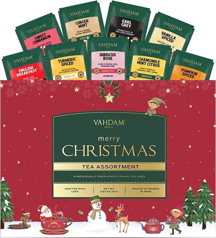 VAHDAM, Christmas Tea Assortment (9 Flavors, 9 Tea Bags) | Christmas Gift Set, Tea Gift Set, Tea Variety Pack | Perfect Holiday Gift for Men & Women| Festive Tea Collection for Christmas
