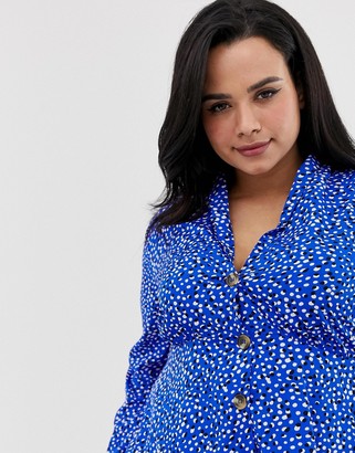 Influence Plus collar detail tea blouse in splodge print with button front-Blue