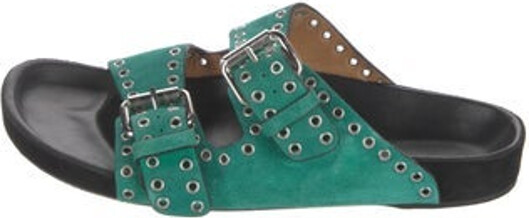 Isabel Marant Suede Slides Black & Green Colorblock Pattern Multistrap & Buckle Closure At Uppers Designer
