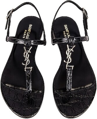 Saint Laurent Cassandra Embossed Croc Flat Sandals in Black - ShopStyle
