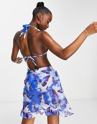 Moda Minx give me butterflies ruffle chiffon sarong in blue butterfly print  - ShopStyle Swimsuit Coverups