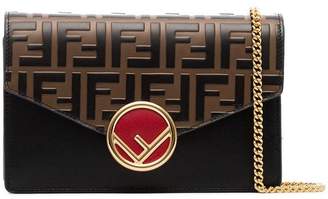 Fendi black, brown and red FF logo leather wallet on a chain bag