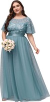 Thumbnail for your product : Ever-Pretty Plus Ever Pretty Women's Short Sleeve Empire Wiast A Line Long Tulle Elegant Plus Size Evening Gowns Dresses Dusty Blue 16UK