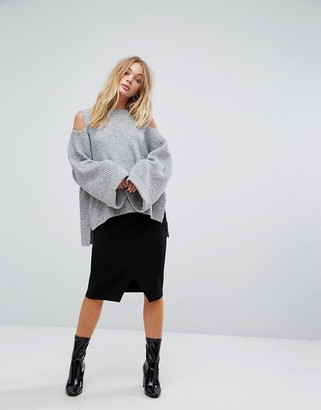 Fashion Union Oversized Knitted Jumper With Cold Shoulder In Rib