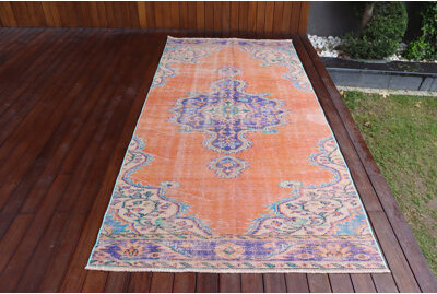 Bungalow Rose Handmade Vintage Turkish Oushak Runner Rug in Orange Wool for Ethnic Home Interior Design and Oriental Pastel Hallway Decorations