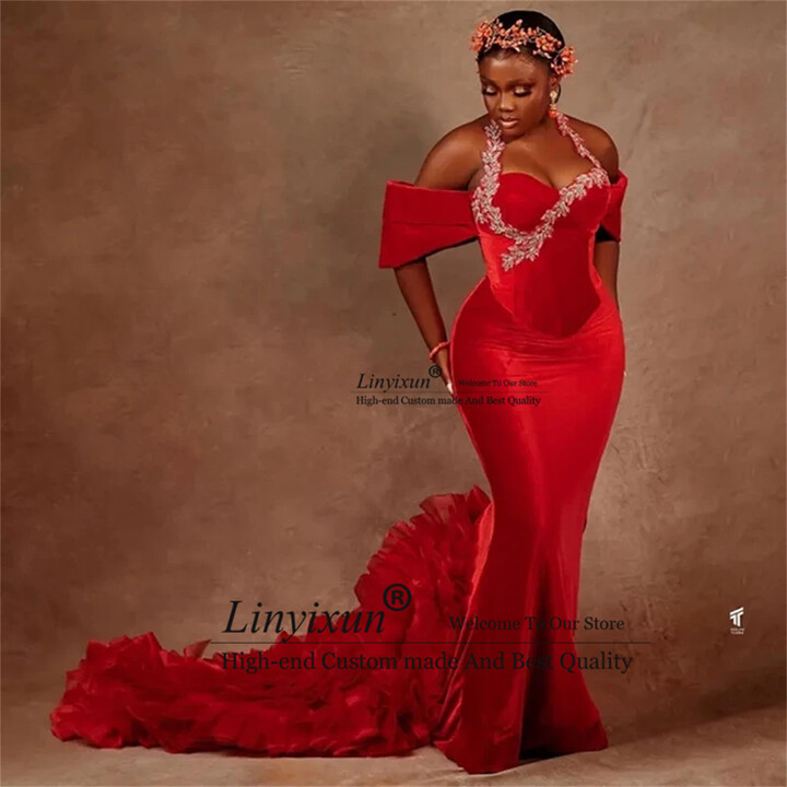 linyixun Gorgeous Prom Dress Applique Bead Mermaid Velvet Evening Dresses For Special Occasions Sweetheart فساتين سه Customized