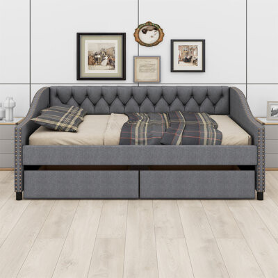 Lark Manor Upholstered Daybed With Two Drawers,Wood Slat Support