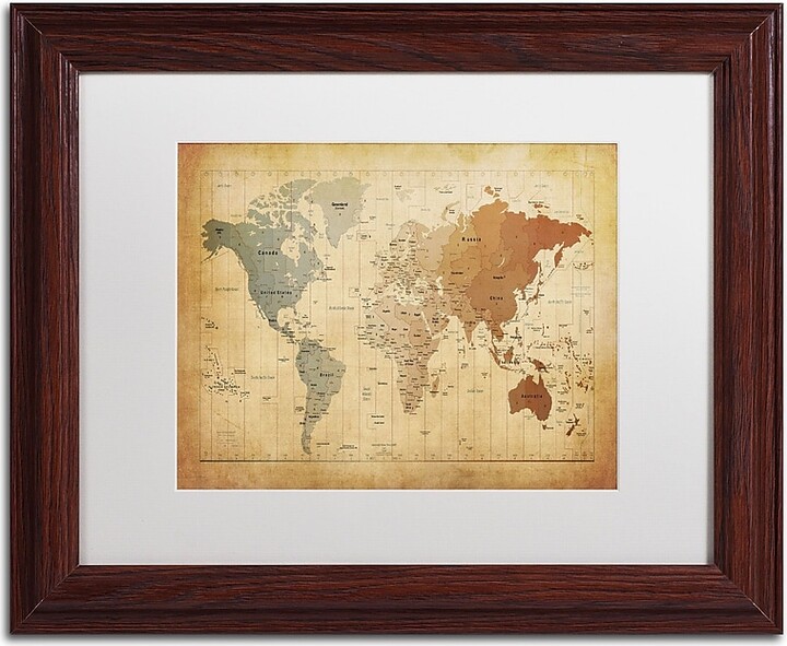 Trademark Global Trademark Michael Tompsett "Time Zones Map of the World" Art, White Matte W/Wood Frame, 11" x 14"