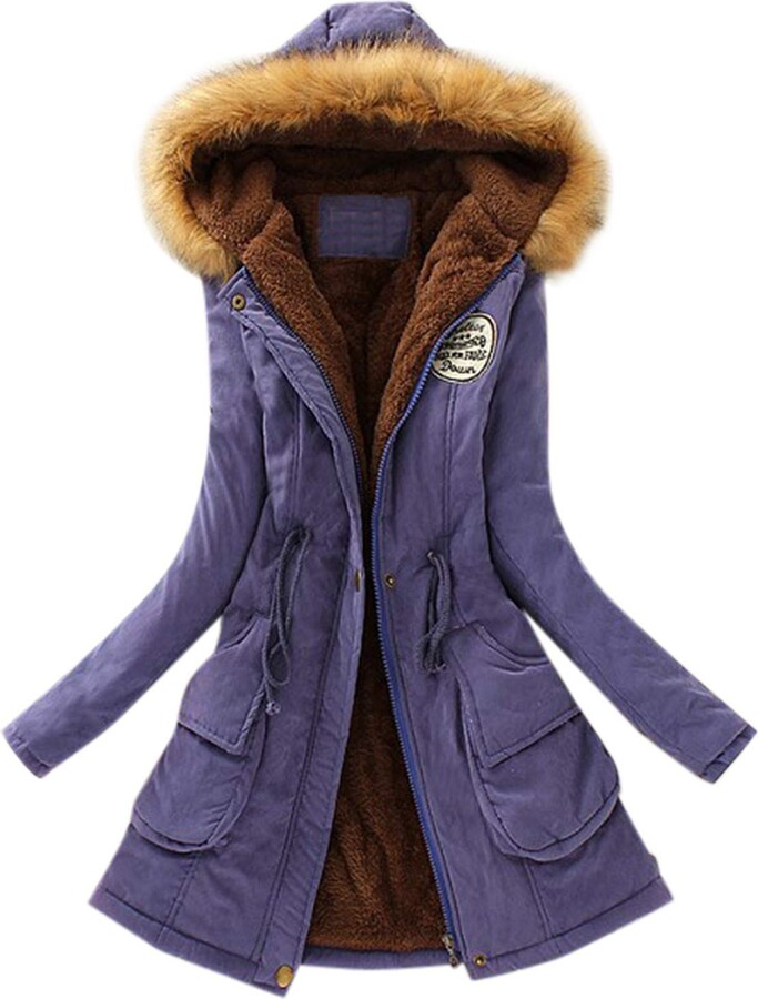 Onsoyours Womens Winter Coat Casual Hooded Jacket Long Coats Outdoor Cotton  Lining Windproof Warm Parka Jackets With Zipper Button Pockets C Purple XL  - ShopStyle