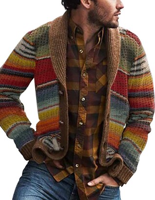 Fransande Western Style Sweater Men's Knitwear Spring Printed Long-Sleeved Sweater Tops Men's Sweater Cardigans Multicolor XL