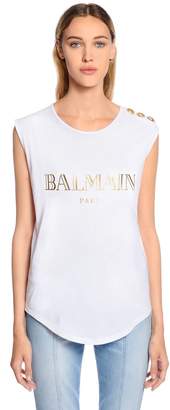 Balmain Logo Cotton Jersey Sleeveless Top