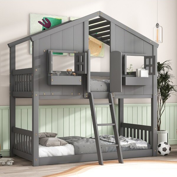 Fulvari KidsTwinBunkBedwithRoofWindowLadder&GuardrailsWoodFrameforBedroomorGuestRoomGray