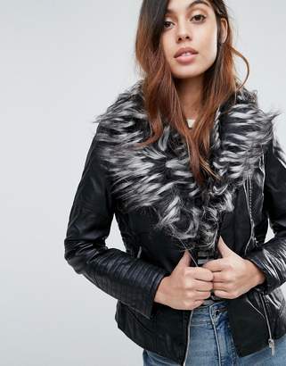 Brave Soul Betina Leather Look Jacket With Deep Faux Fur Collar