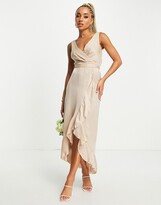 Thumbnail for your product : Blume Bridal wrap satin midi dress with frill skirt detail in mink