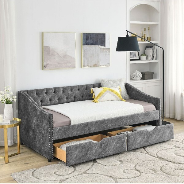 SapphtopazTwinSizeDaybedwith2StorageDrawersUpholsteredWoodBedFramewithButtonTuftingandNailheadDesignNoBoxSpringNeededGray