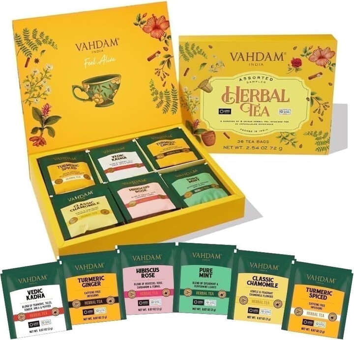 VAHDAM Herbal Tea Sampler Variety Gift Set (6 Variants, 36 Tea Bags) | Gift for Her, Gift for Women, Gift for Wife