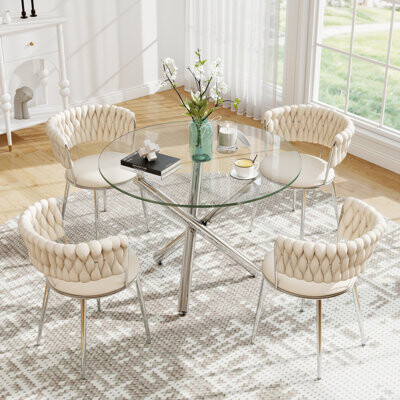 Mercer41 Modern Round Tempered Glass Pedestal Dining Set with Weaven Velvet Dininig Chair