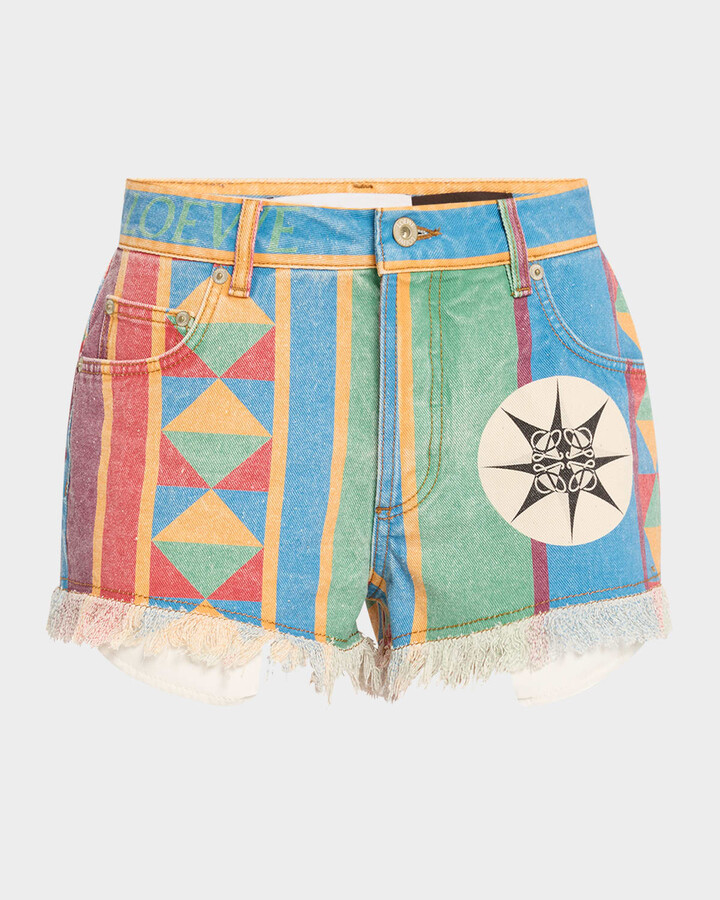 Loewe Geo Print Denim Frayed Peekaboo Shorts