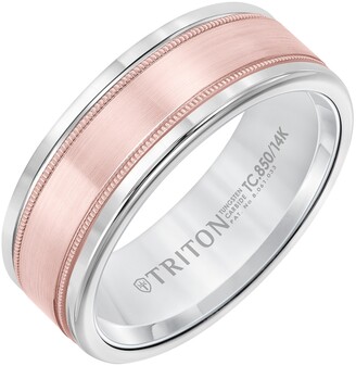 Triton 8MM White Tungsten Carbide Ring with 14K Rose Gold Milgrain Insert
