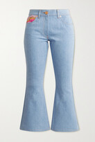 Thumbnail for your product : Versace Cropped Printed Twill-paneled Mid-rise Flared Jeans - Light denim