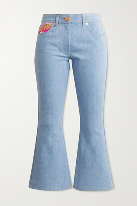 Versace Cropped Printed Twill-paneled Mid-rise Flared Jeans - Light denim