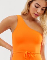 Thumbnail for your product : Miss Selfridge swimsuit with asymmetric shoulder strap in neon orange