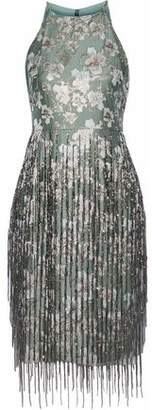 Badgley Mischka Fringed Bead-Embellished Brocade Dress