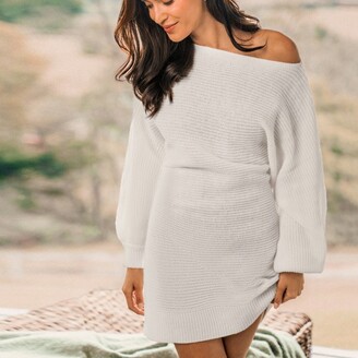 CUPSHE Women' Chunky Knit One-Shoulder Sweater Dre - Cuphe-M-White