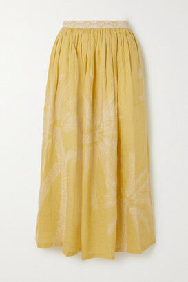 Emporio Sirenuse Emporio Sirenuse - Jane Pleated Embroidered Linen Skirt - Yellow