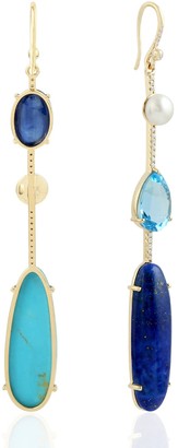 Artisan 18Kt Yellow Gold Pave Diamond Kyanite Lapis Pearl Topaz Turquoise Dange Earrings