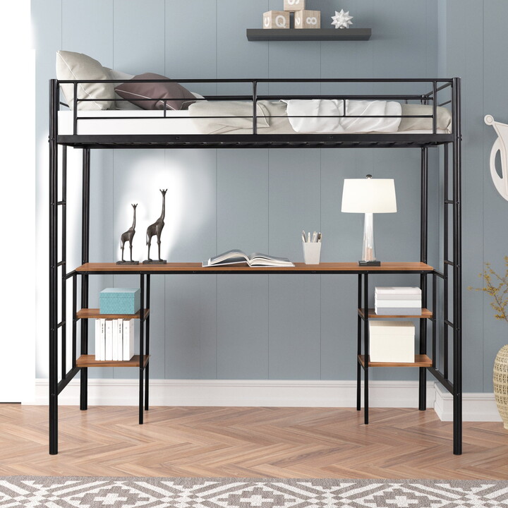 GewneeMetal Twin Size Loft Bed with Desk, Ladder and Full-Length Guardrail for Kids Teens Adults,Black