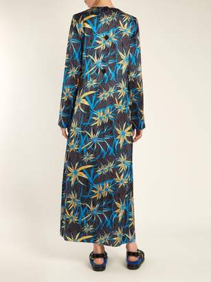 Marni Long-sleeved Herbage-print Satin Dress - Womens - Blue Print