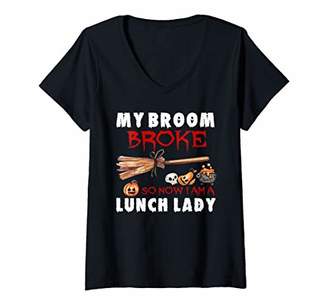 b-ROOM Womens My Broom Broke So Now I Am A Lunch Lady Costume Halloween V-Neck T-Shirt