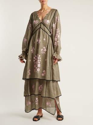 Pigeon Vita Kin - Spanish Embroidered Linen Dress - Womens - Khaki Multi