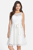 Thumbnail for your product : Marina Belted Illusion Yoke Lace Fit & Flare Dress