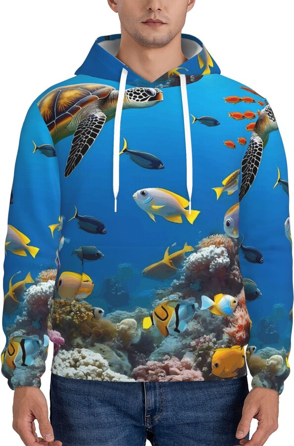 Qewfoju Colorful Coral Reef Print Men's Hooded Sweatshirt Winter Warm Pullover Hoodie with Kanga Pocket Black