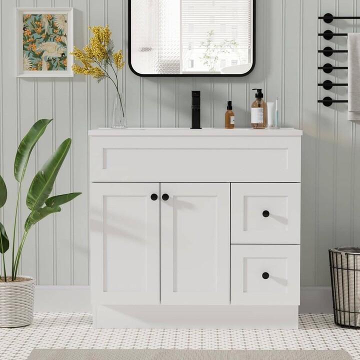 ECLIFE 36 in. W x 18.3 in. D Single Sink Freestanding White Bath Vanity with White Integrated Composite Resin Top Drain Set