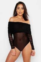 Thumbnail for your product : boohoo Mesh Ruched Off The Shoulder Bodysuit