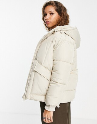 Topshop mid length puffer jacket with borg lined hood in off white