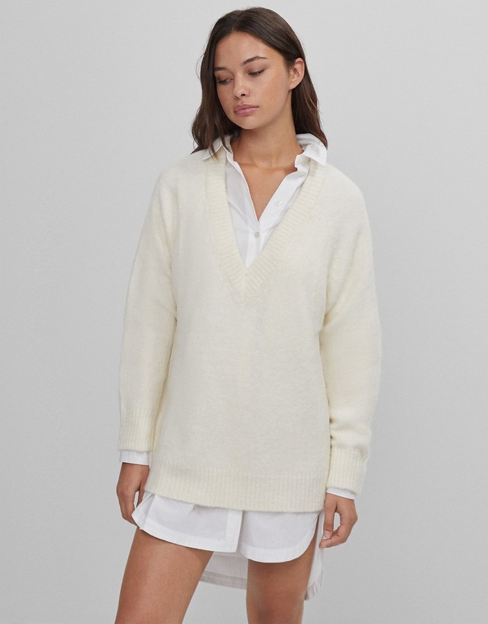 Bershka v-neck fluffy sweater in white - ShopStyle