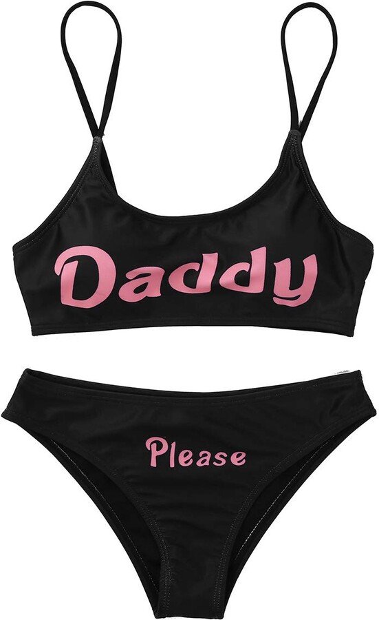 Aiihoo Women's Yes Daddy Printed Anime Bikini Swimsuit Cropped Camisole Bra  Top with Brief Underwear Set Black XL - ShopStyle
